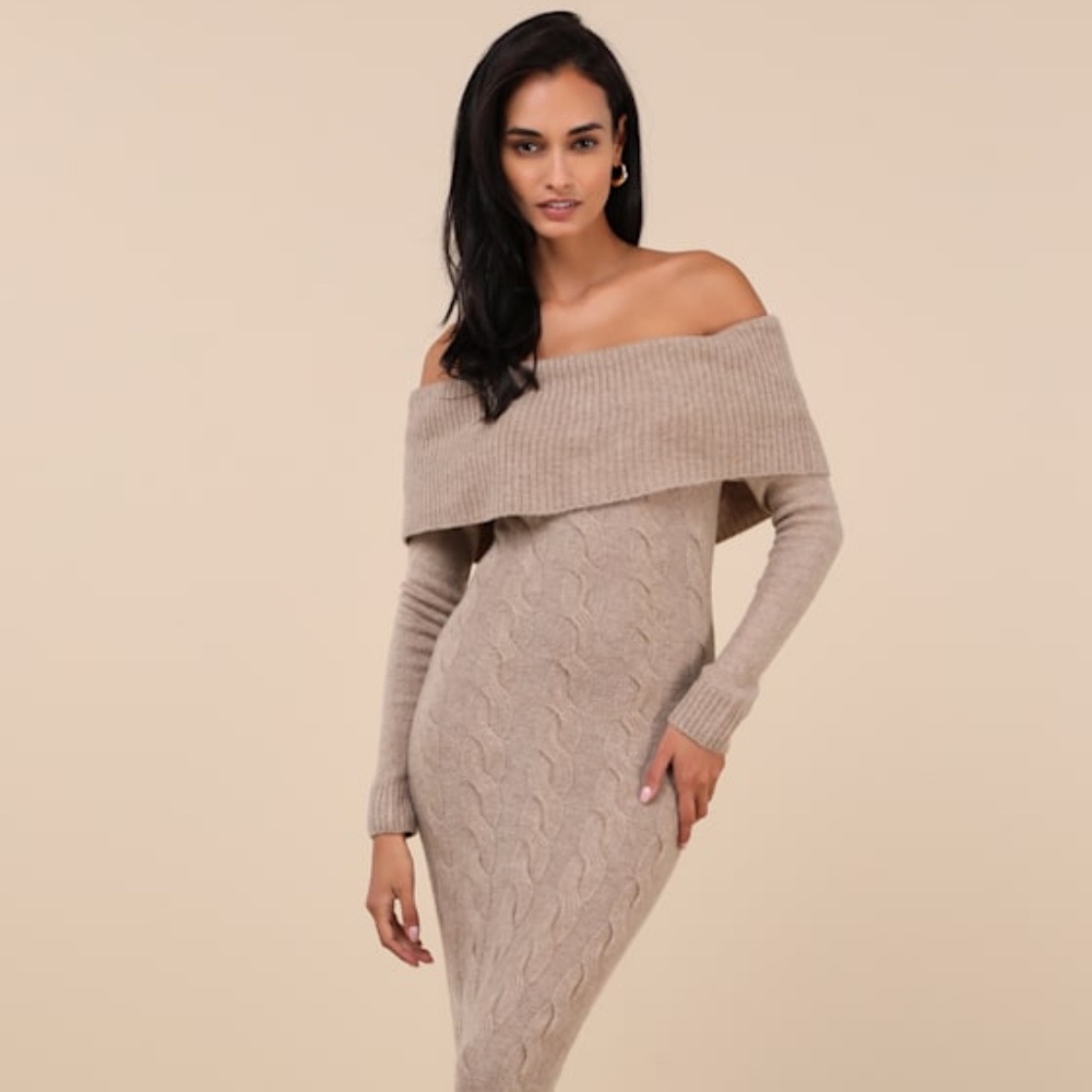 Lulus Cozy Excellence Heather Beige Off-the-shoulder Sweater Dress - Size M